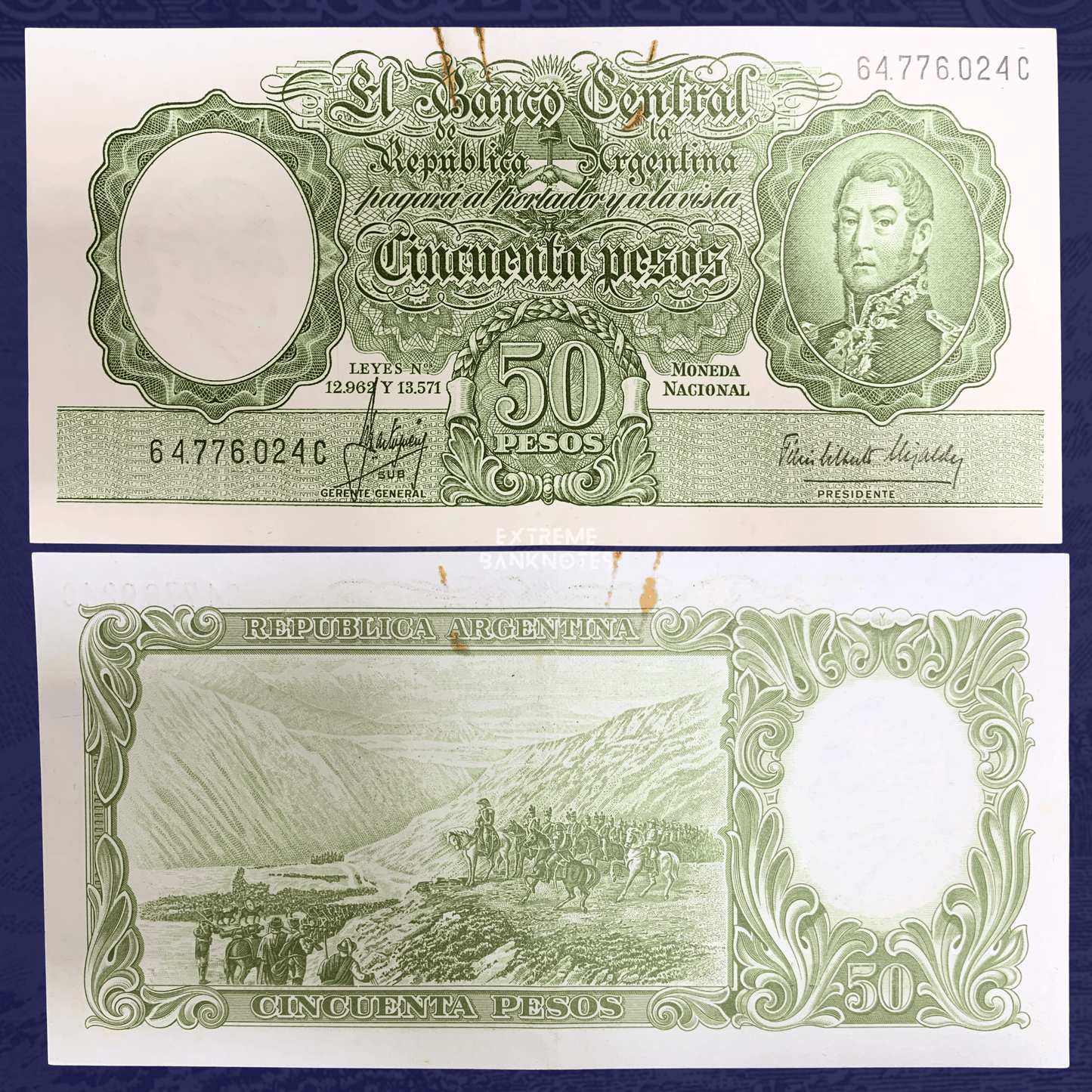 Front and back of Argentina 50 Pesos Moneda Nacional banknote P-271a, issued by the Central Bank of the Argentine Republic. Obverse shows José de San Martín portrait and ornate green engraving; reverse depicts Augusto Ballerini's "El Paso de los Andes" scene with soldiers crossing a snowy mountain pass. Historic Argentine collectible paper currency from the Peso Moneda Nacional series.