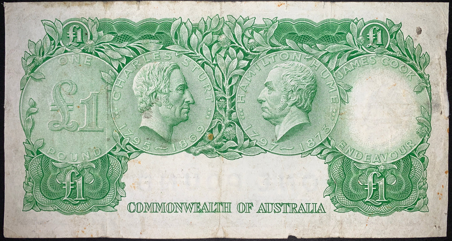 back of Australia 1 Pound ND (1953-1960) P-30 VG collectible vintage banknote with portraits of Charles Sturt and Hamilton Hume