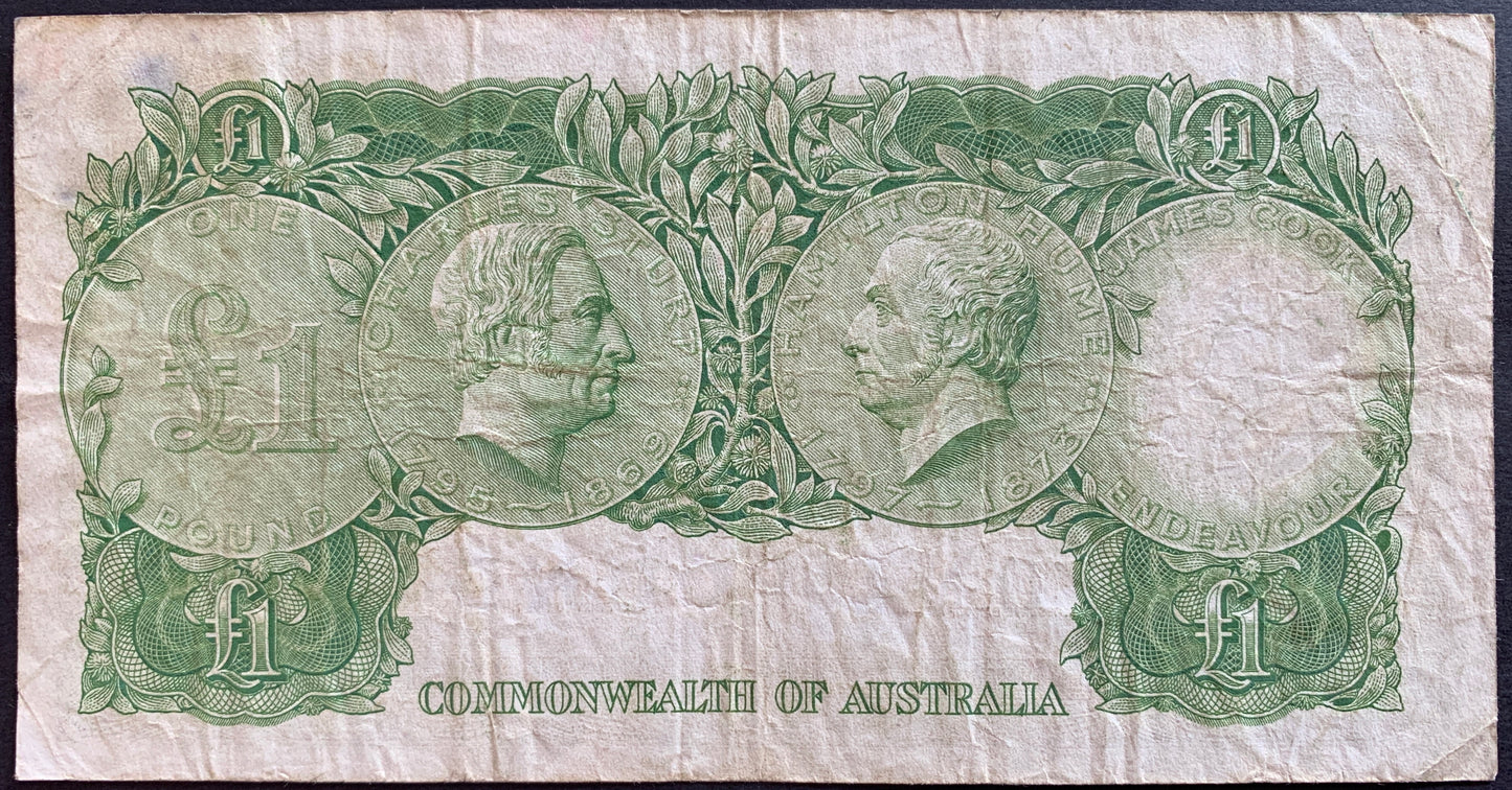 back of Australia 1 Pound ND (1961-65) P-34a F collectible vintage banknote with portraits of Charles Sturt and Hamilton Hume
