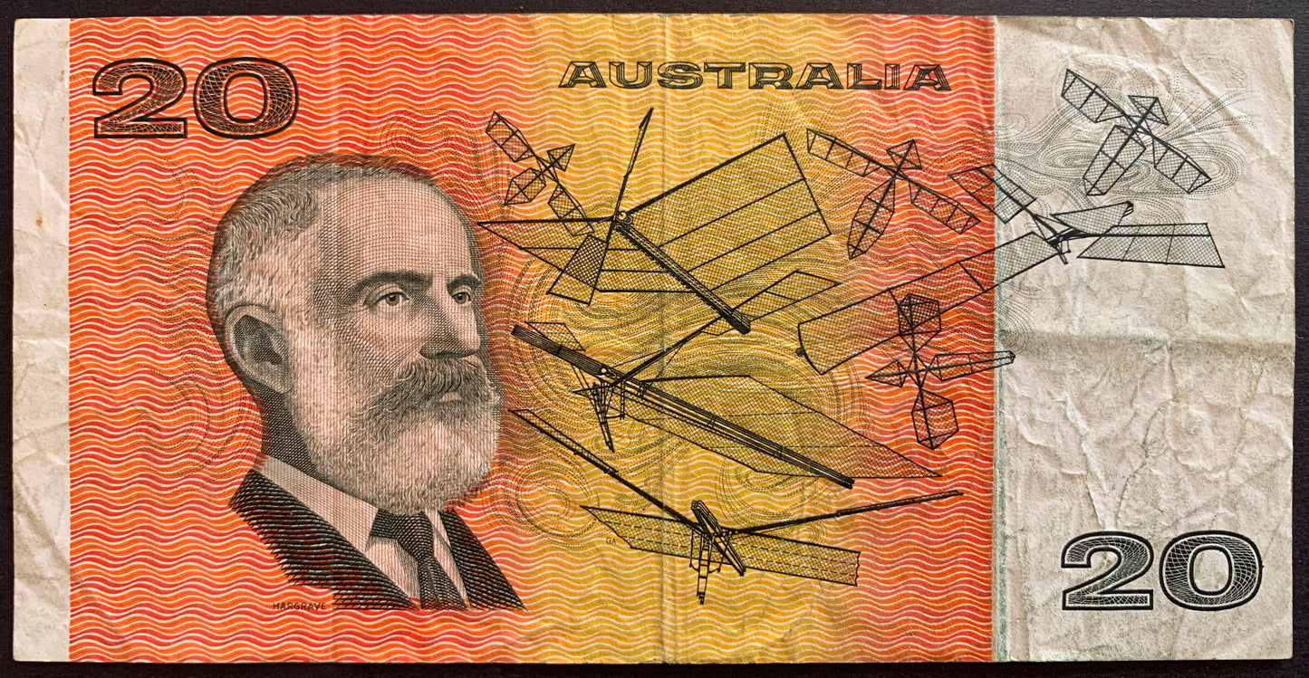 Back of Australia 20 Dollars ND (1984-1989) P-46e VF collectible vintage banknote with portrait of Lawrence Hargrave