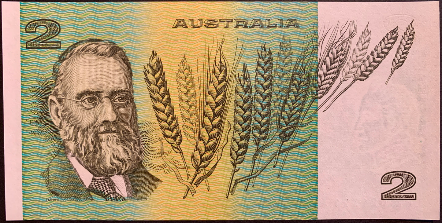 back of Australia 2 Dollars ND (1985) P-43e UNC collectible banknote with wheath and portrait