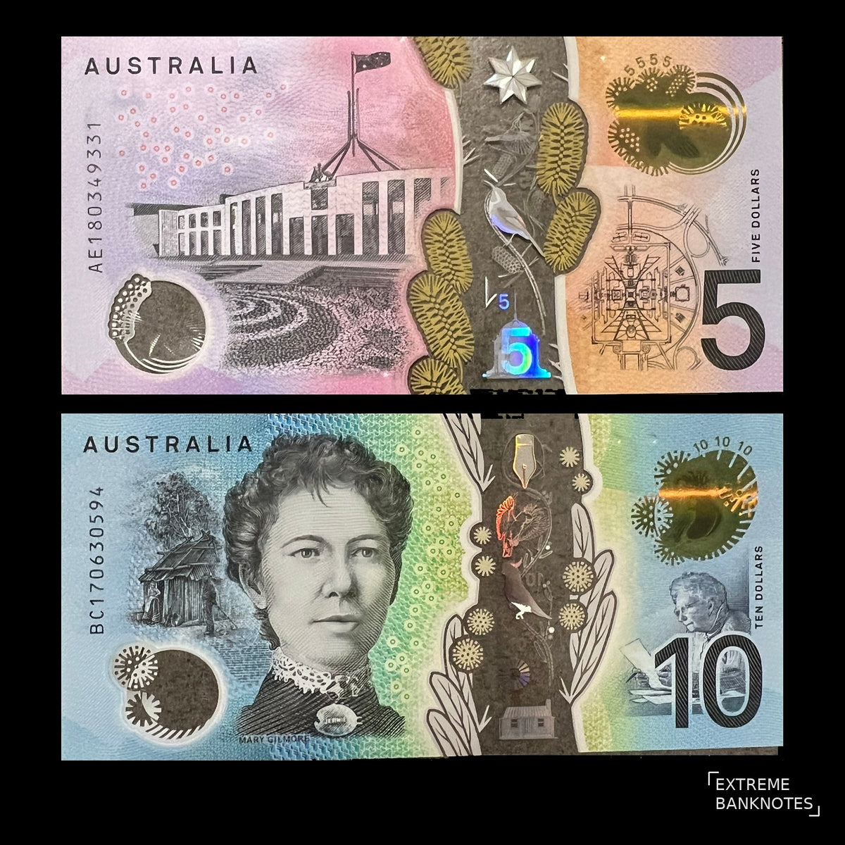 Back view of Australia 5 and 10 Dollars polymer banknotes showing Parliament House in Canberra and poet Dame Mary Gilmore.