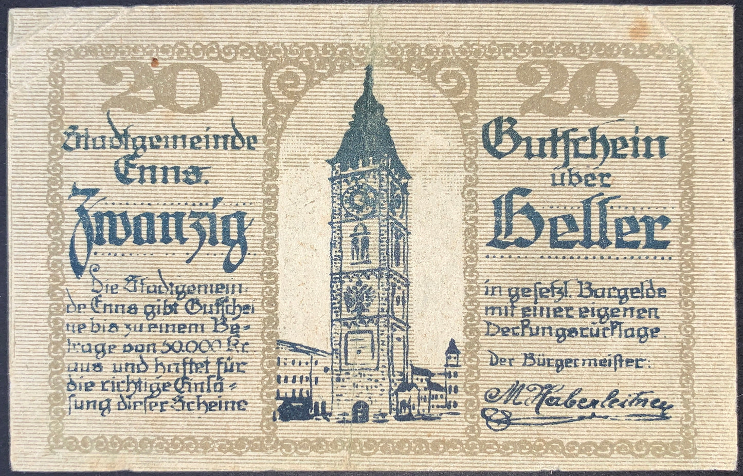 Austria 20 Heller 1920 Notgeld banknote reverse, Enns city tower illustration, Austrian local emergency currency, historic paper money