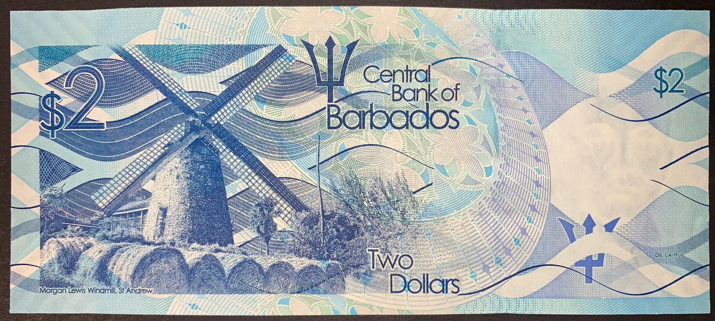 Barbados 2 Dollars 2013 P-73a banknote reverse featuring Morgan Lewis Windmill in St. Andrew, Barbados trident emblem, agricultural landscape, and intricate blue engraving