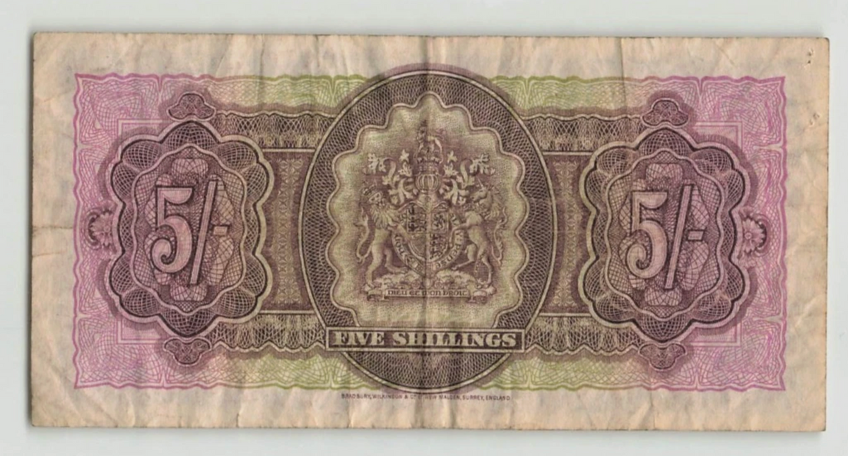 Reverse of Bermuda 5 Shillings 1952 P-18a featuring the Bermuda Government coat of arms