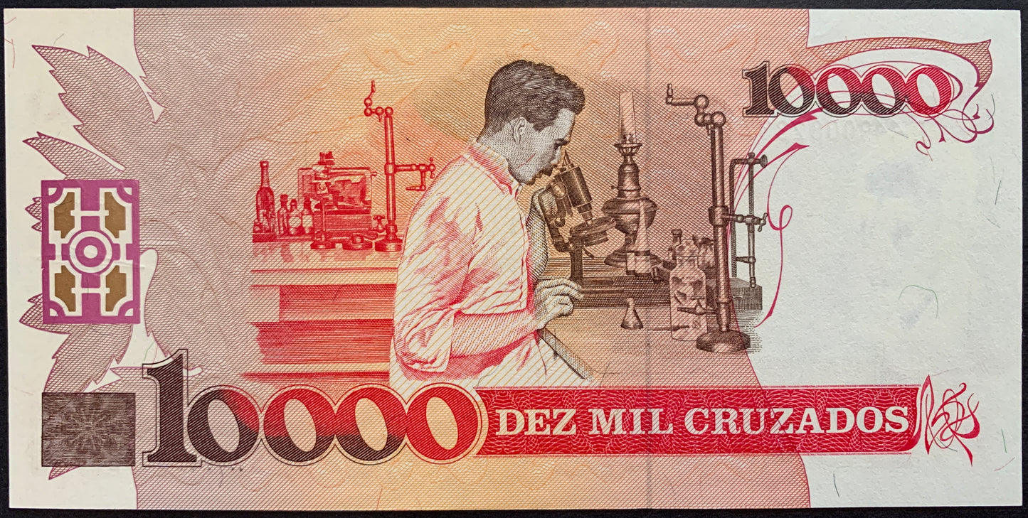 back of Brazil 10 Cruzados Novos ND (1990) P-218b collectible banknote with Carlos Chagas working in the laboratory