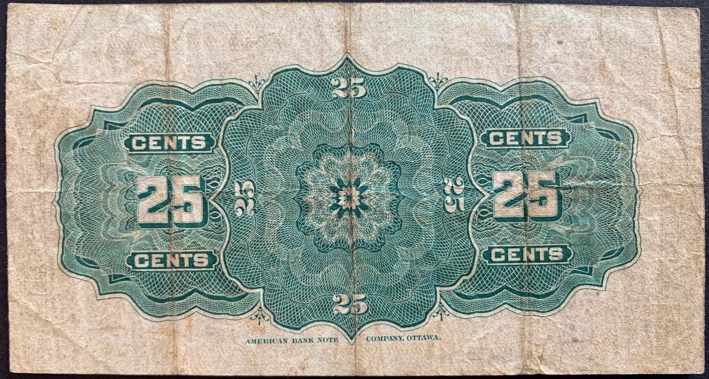 back of Canada 25 Cents "Shinplaster" 1900 P-9a F collectible vintage currency