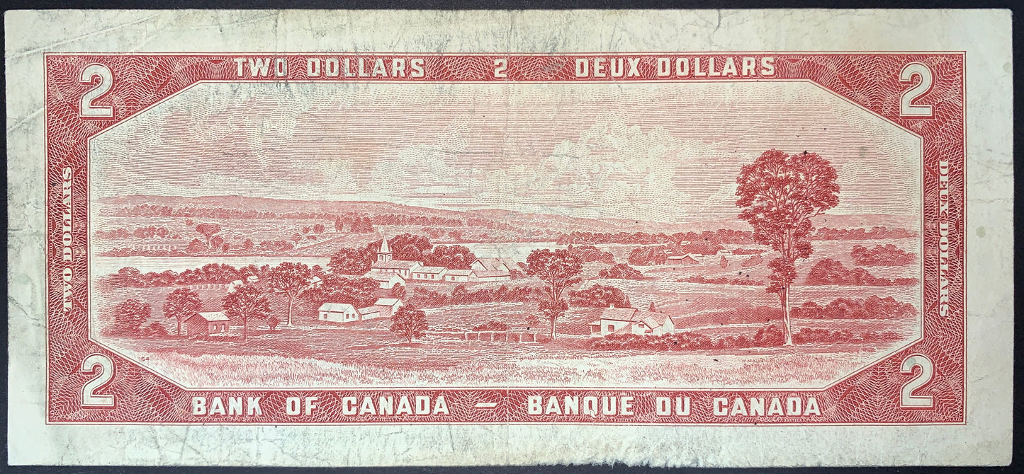 front of Canada 2 Dollars 1954 P-76c collectible vintage banknote with rural scene from the Richmond region near Quebec City, with the rolling hills of Les Montérégiennes and the Saint-François River
