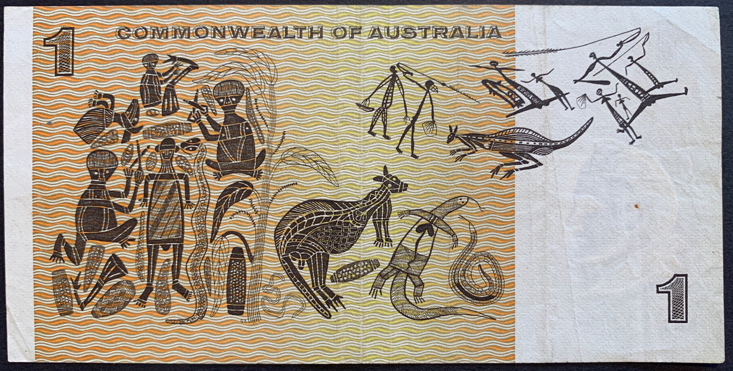 Commonwealth of Australia 1 Dollar ND (1969-1971) P-37c VF vintage collectible banknote with "Cérémonie funéraire" (for Gurrmirringu) by David Malangi