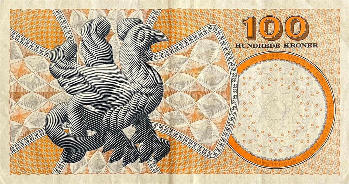 Back view of a Denmark 100 Kroner banknote showing a basilisk from a medieval stone relief in Tømmerby Church.