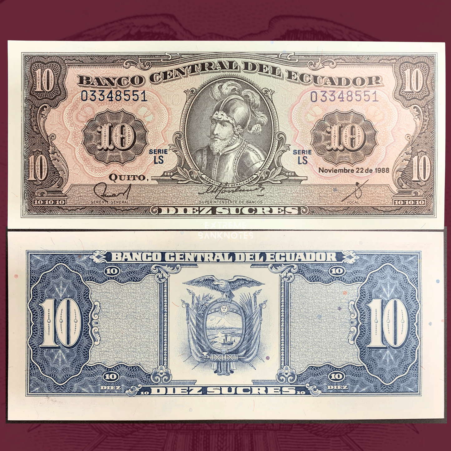 Front and back views of Ecuador 10 Sucres 1988 banknote P-121. Obverse shows Sebastián de Benalcázar, serial numbers, and ornate Banco Central del Ecuador engraving. Reverse displays Ecuador’s national coat of arms and decorative blue security patterns.