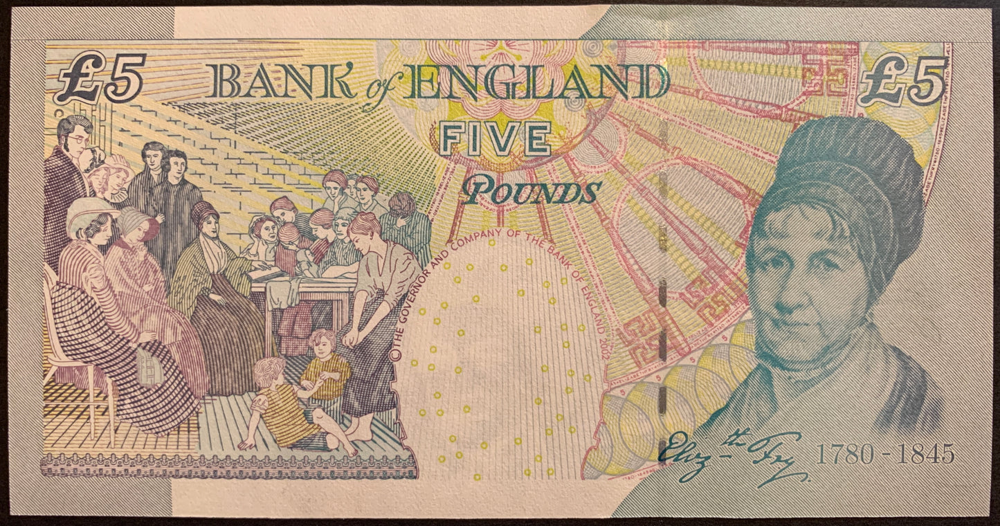 back of England 5 Pounds ND (2004-2011) P-391c UNC collectible banknote with portrait of Elizabeth Fry and people