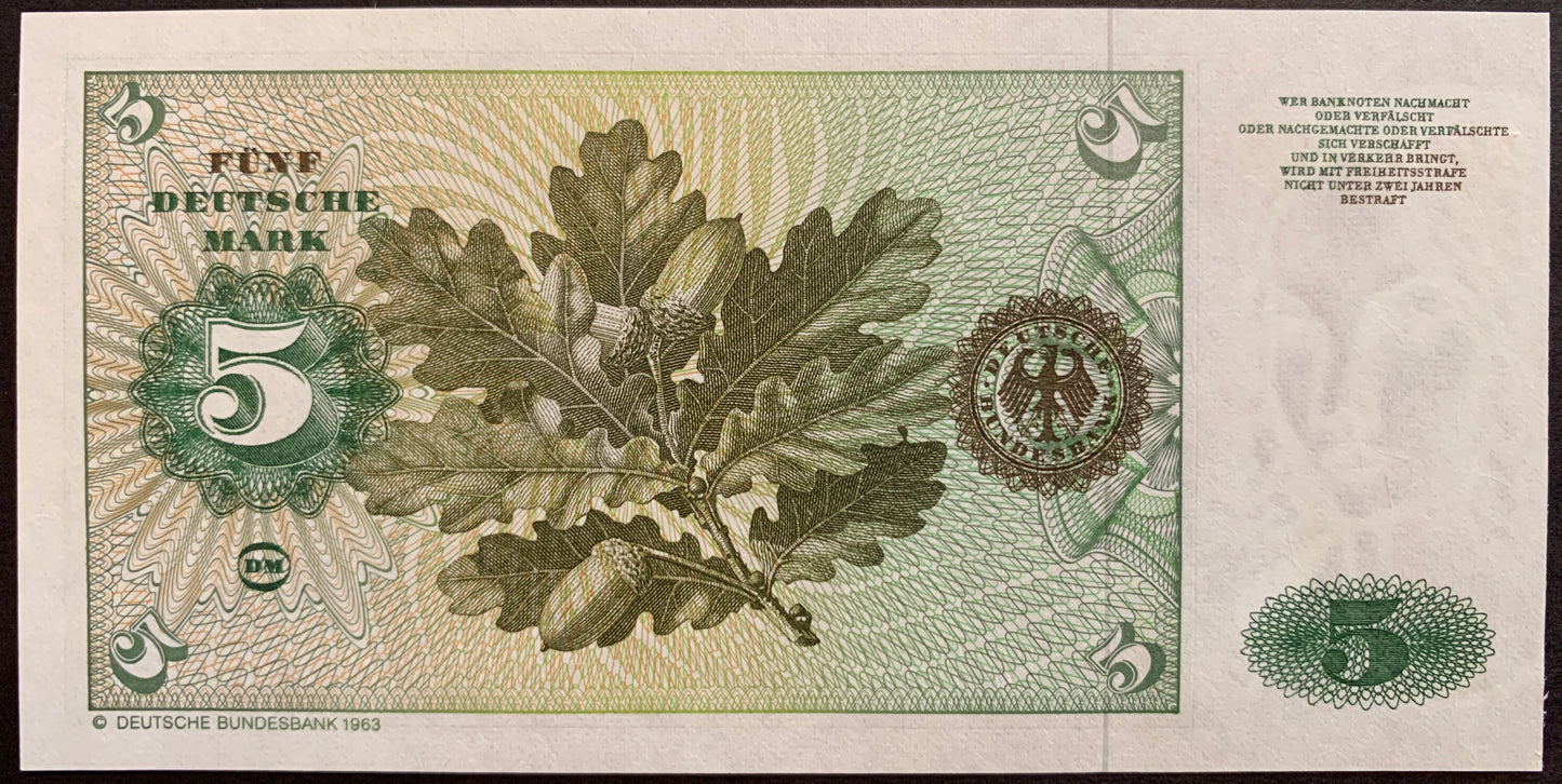back of Germany 5 Deutsche Mark 1980 P-30b UNC collectible banknote with oak leaves and acorns