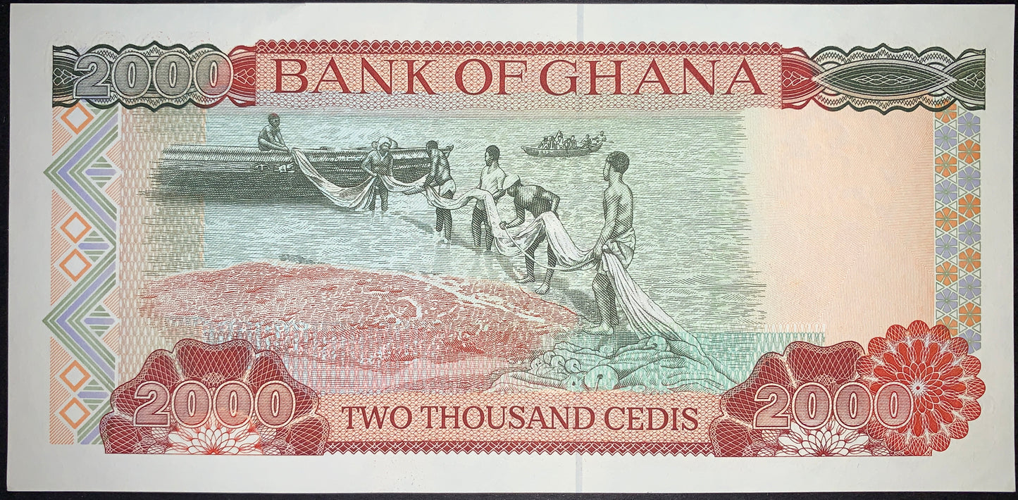 back of Ghana 2000 Cedis 1995 P-30b UNC collectible vintage african banknote featuring fishermen with net and boat
