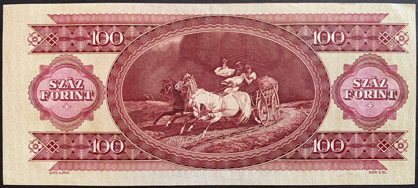 Back of Hungary 100 Forint 1984 P-171g VF banknote showing horse carriage