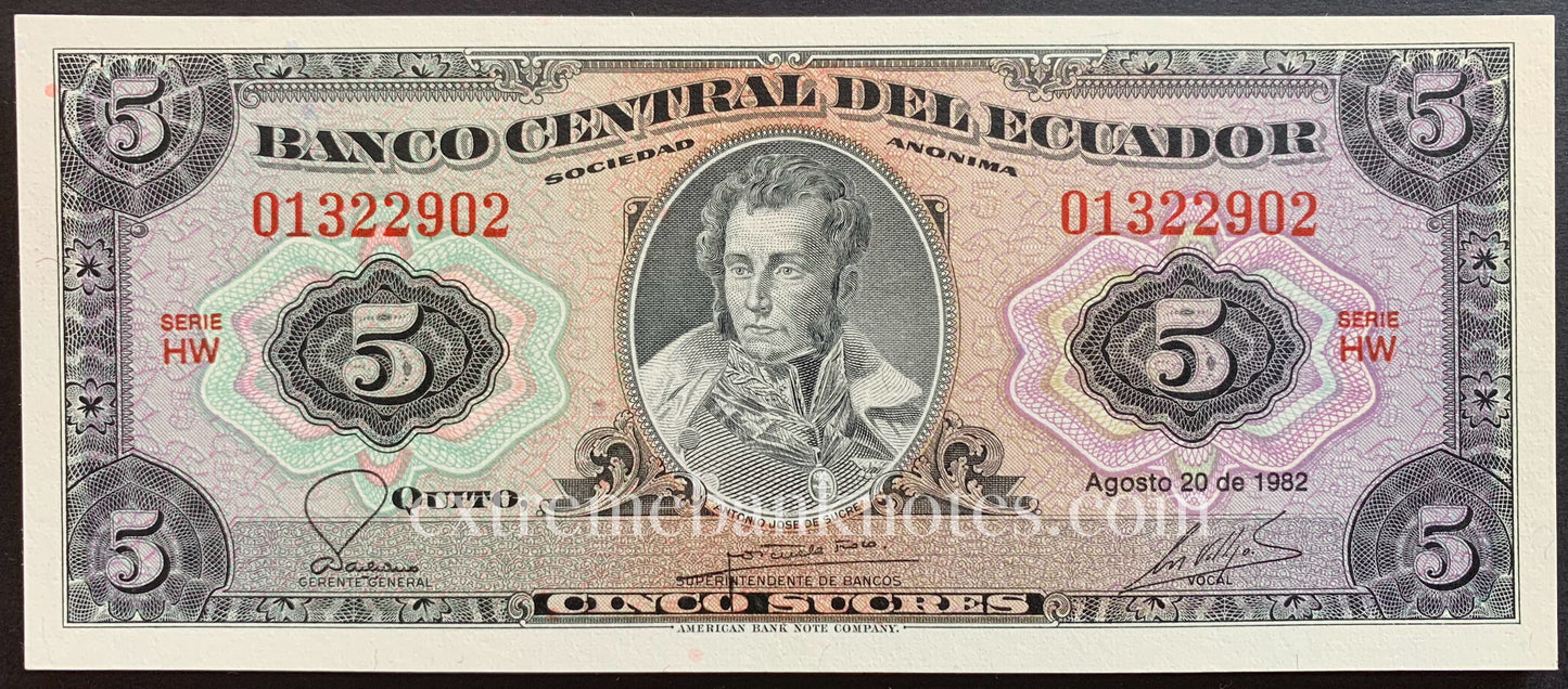 Ecuador 5 Sucres 1982 P-108b UNC