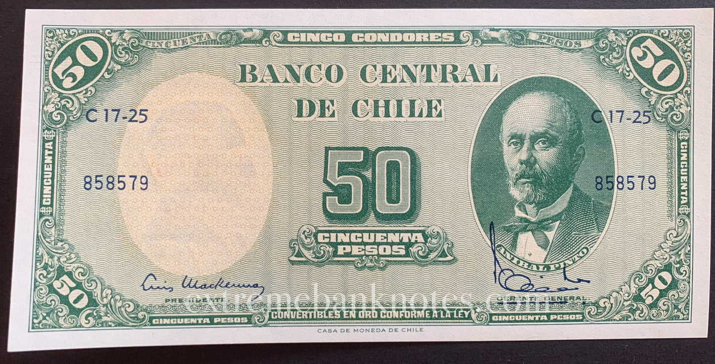 Chile 5 Centesimos ND (1962) P-126b UNC (overprint on 50 Pesos P-121)