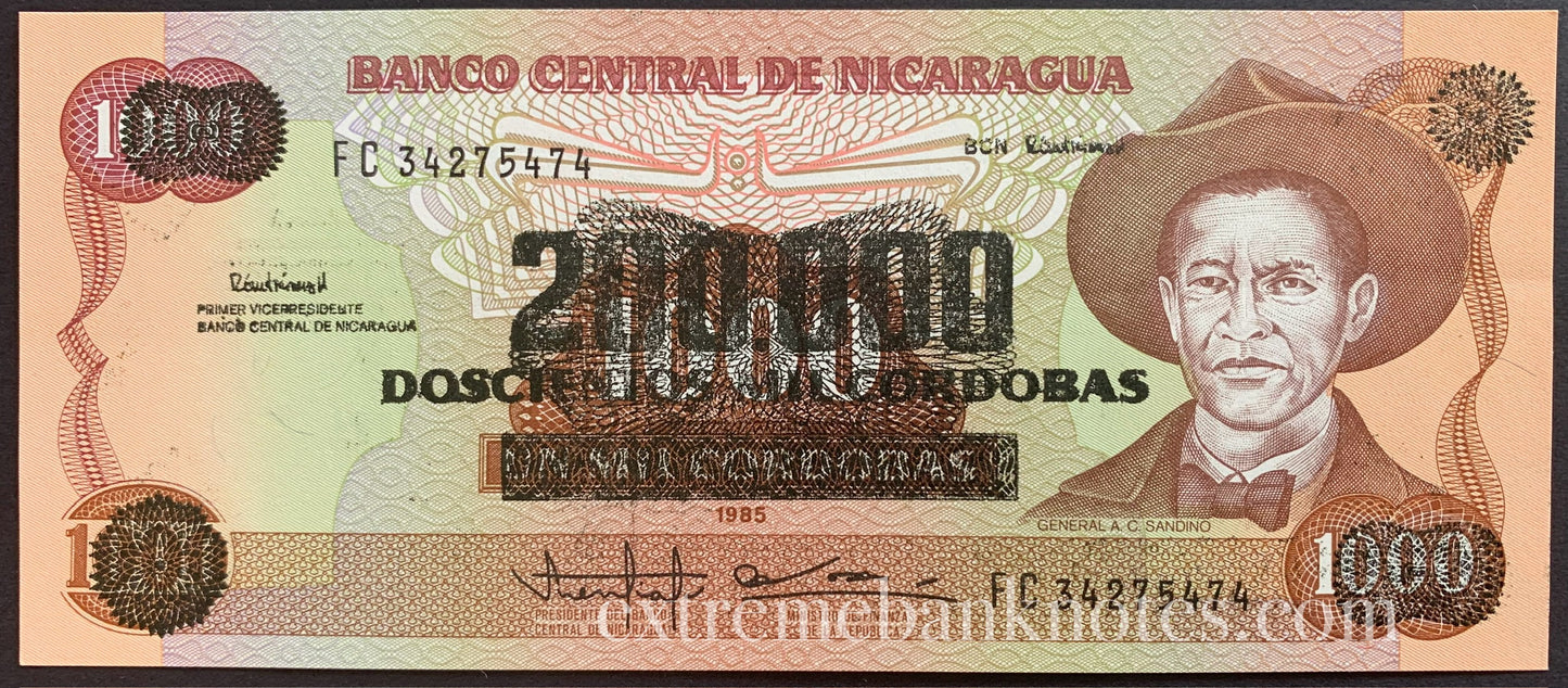 Nicaragua 200 000 Cordobas 1990 P-162 UNC overprint on 1000 Cordobas