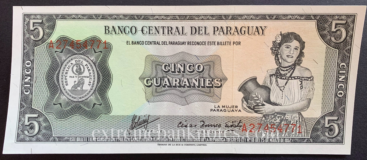 Paraguay 5 Guaranies ND (1963) P-195b UNC