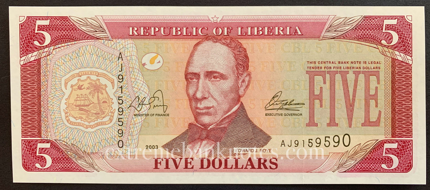 Liberia 5 Dollars 2003 P-26a UNC
