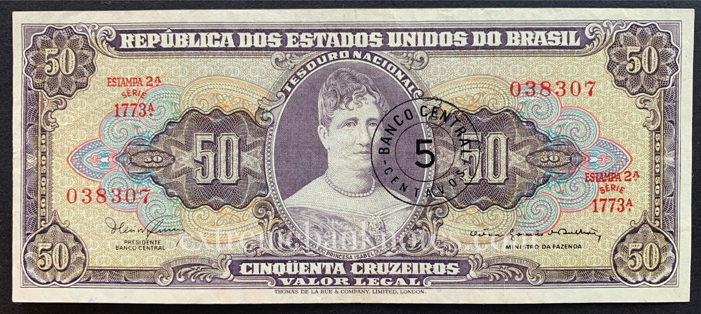 Brazil 5 Centavos ND (1967) P-184b VF (overprint on 50 Cruzeiros)