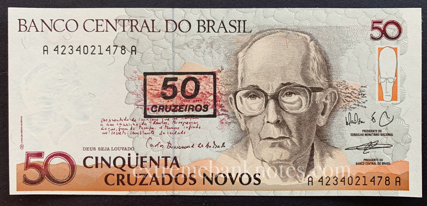 Brazil 50 Cruzeiros ND (1990) P-223 UNC (overprint on 50 Cruzados Novos)