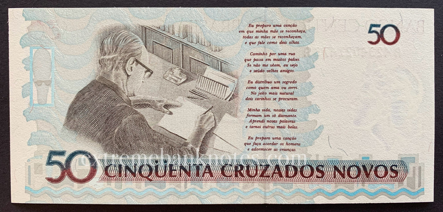 Brazil 50 Cruzeiros ND (1990) P-223 UNC (overprint on 50 Cruzados Novos)