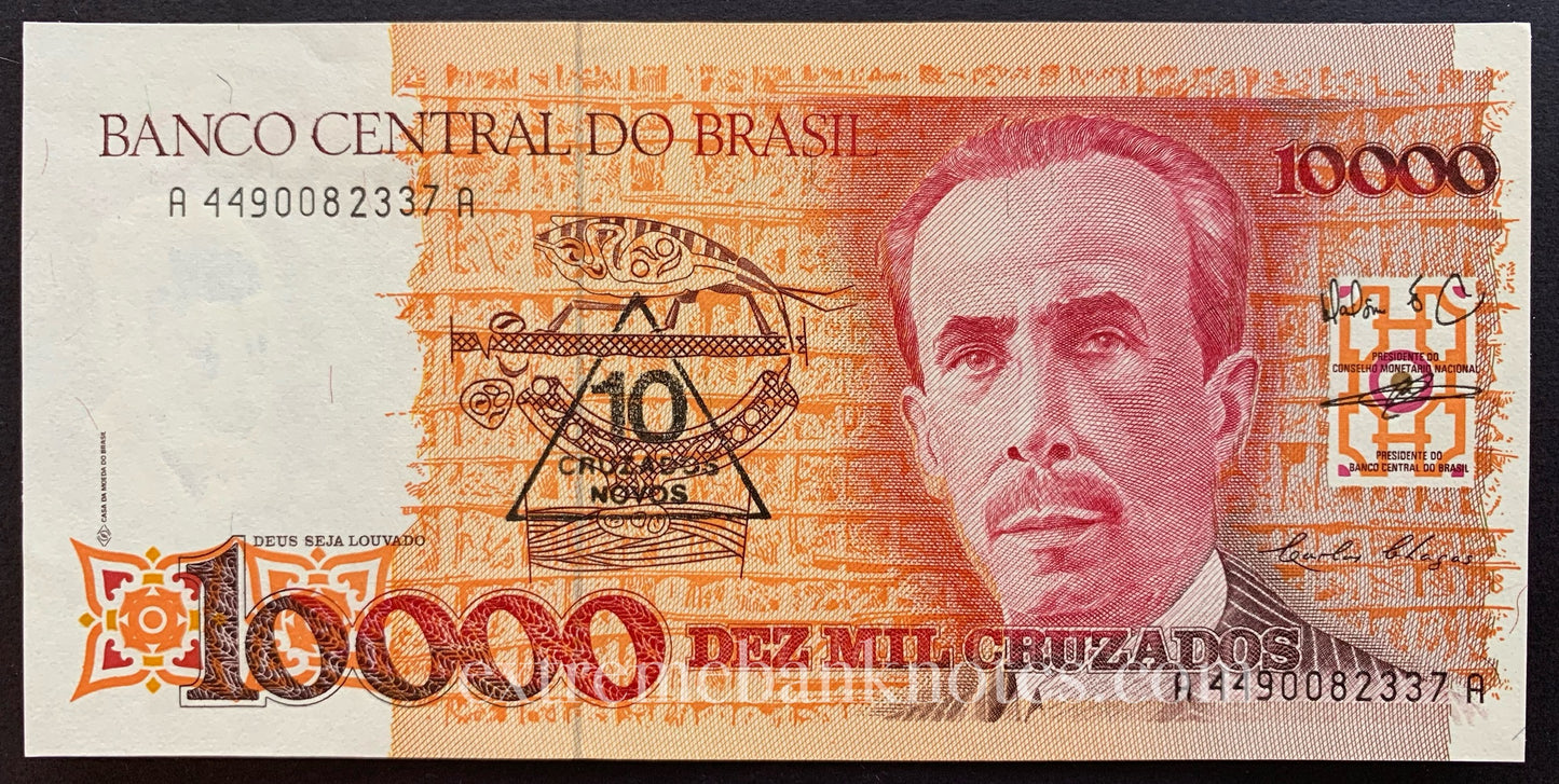 Brazil 10 Cruzados Novos ND (1990) P-218b UNC (overprint on 10 000 Cruzados)