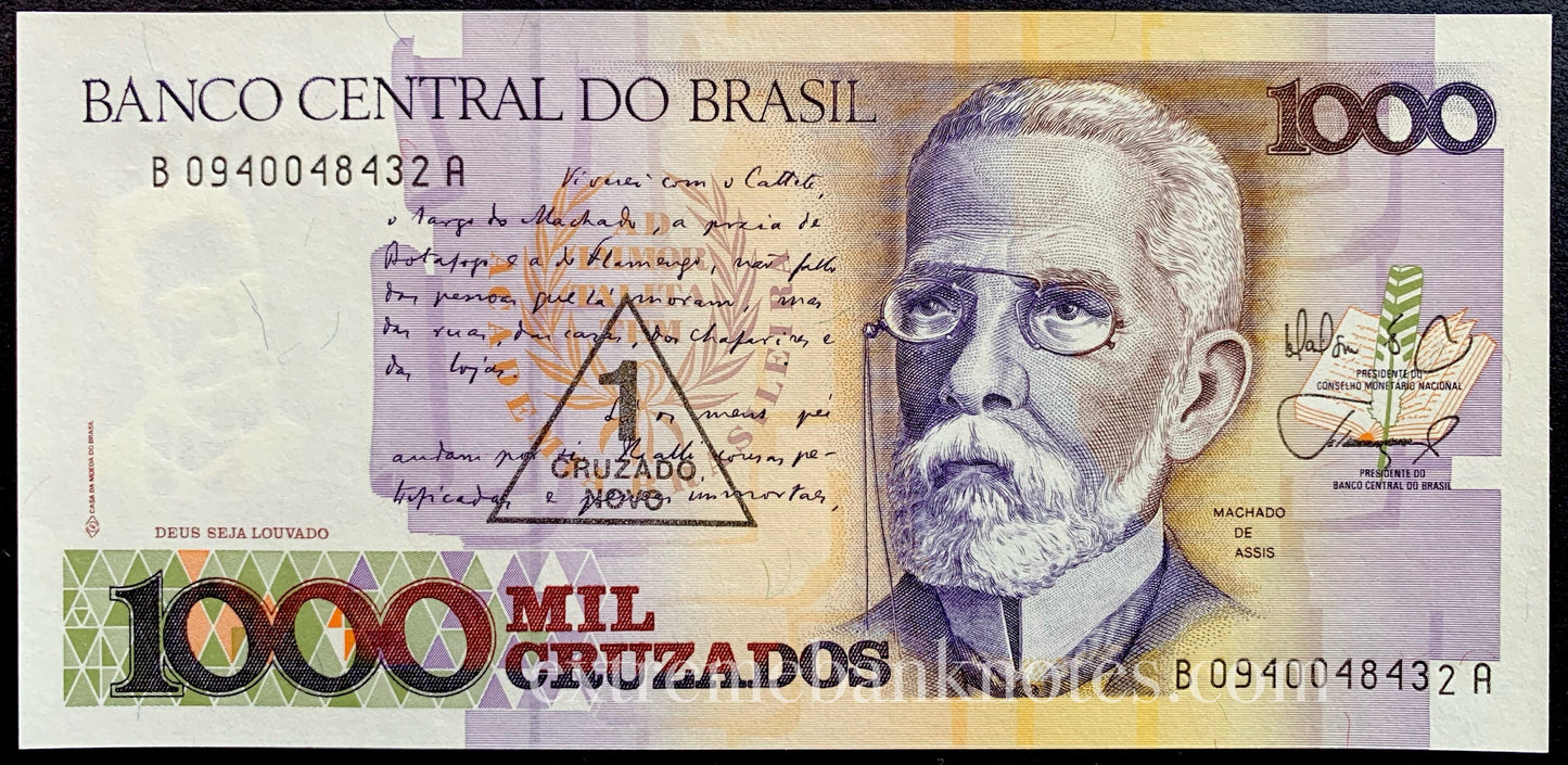 Brazil 1 Cruzado Novo ND (1989) P-216b UNC (overprint on 1000 Cruzados)