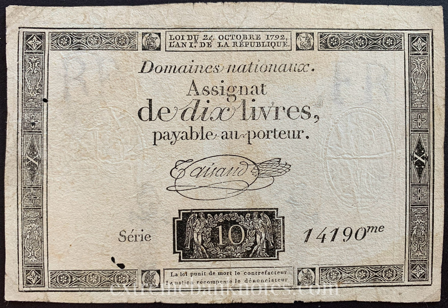 France 10 Livres Assignat 1792 P-A66b G