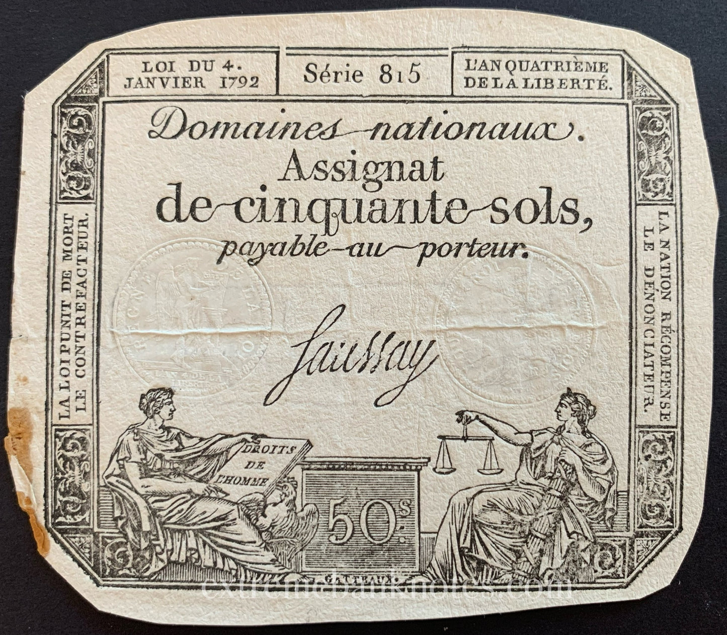France 50 Sols Assignat 1792 P-A70a VF