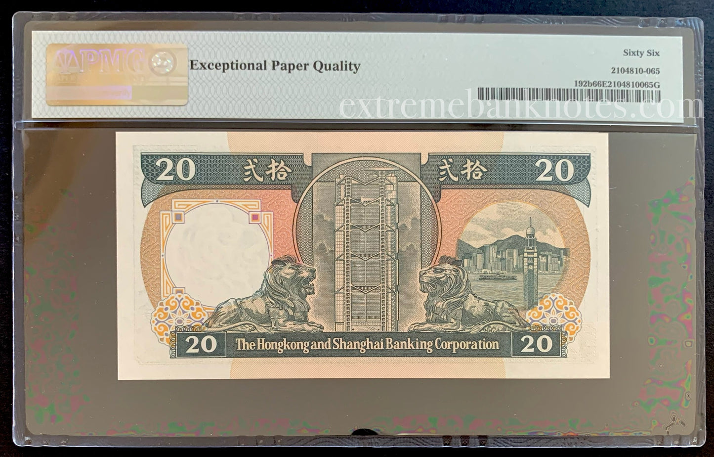 Hongkong and Shanghai 20 Dollars 1988 P-192b PMG 66 GEM UNC EPQ