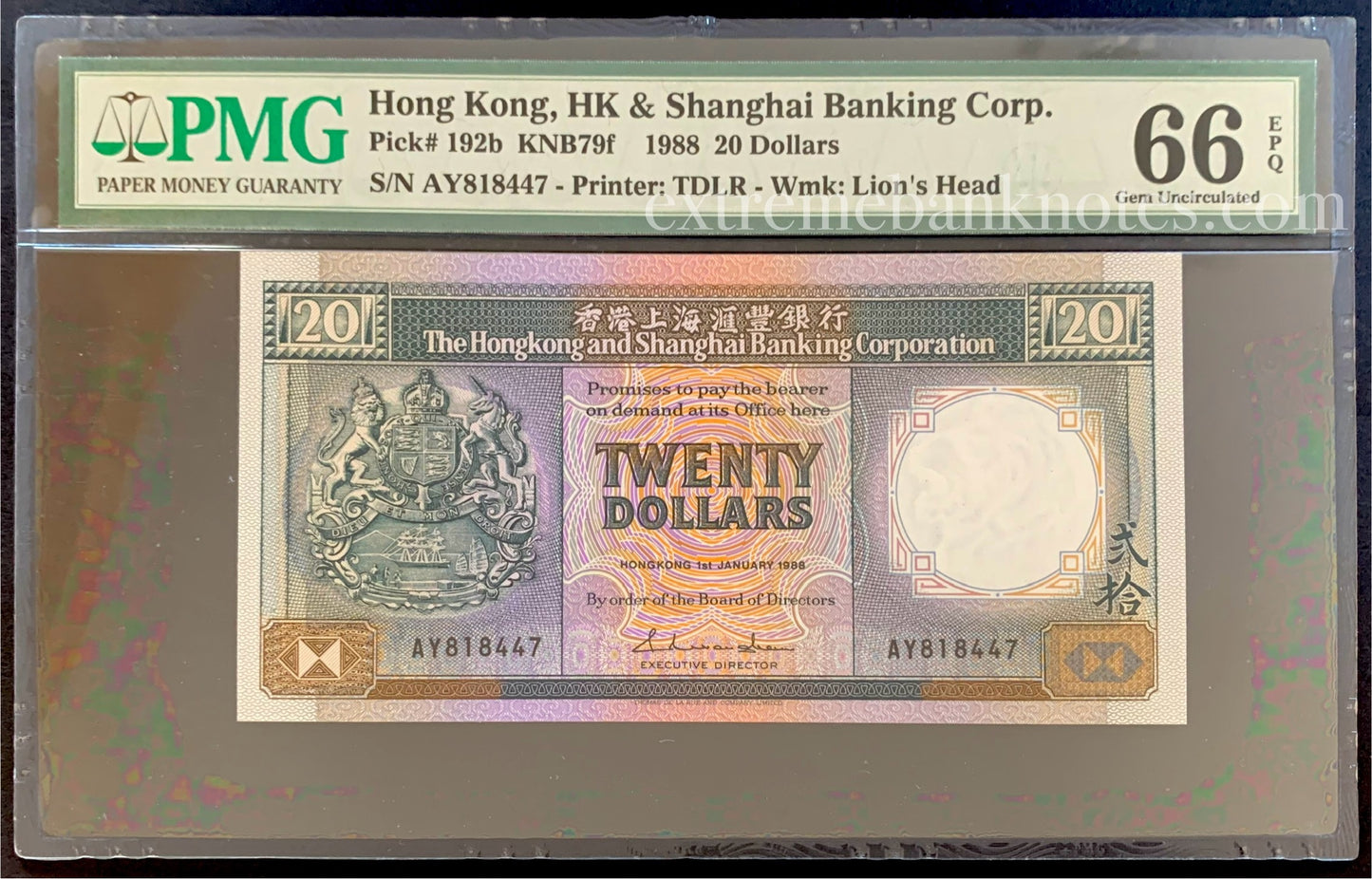 Hongkong and Shanghai 20 Dollars 1988 P-192b PMG 66 GEM UNC EPQ