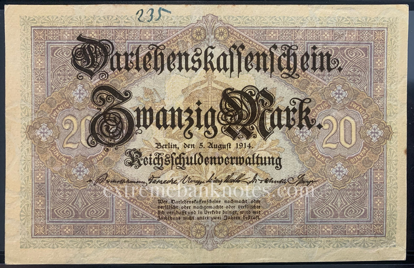 Germany Darlehenskassenschein 20 Mark 1914 P-48b XF