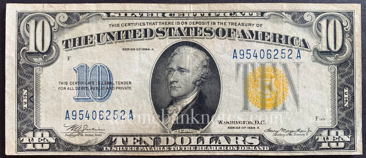 USA Silver Certificate 10 Dollars 1934 P-415Y VF yellow seal