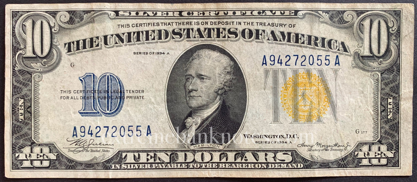 USA Silver Certificate 10 Dollars 1934 P-415Y VF yellow seal
