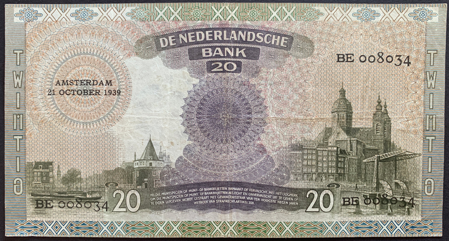 Netherlands 20 Gulden 1939 P-54 VF
