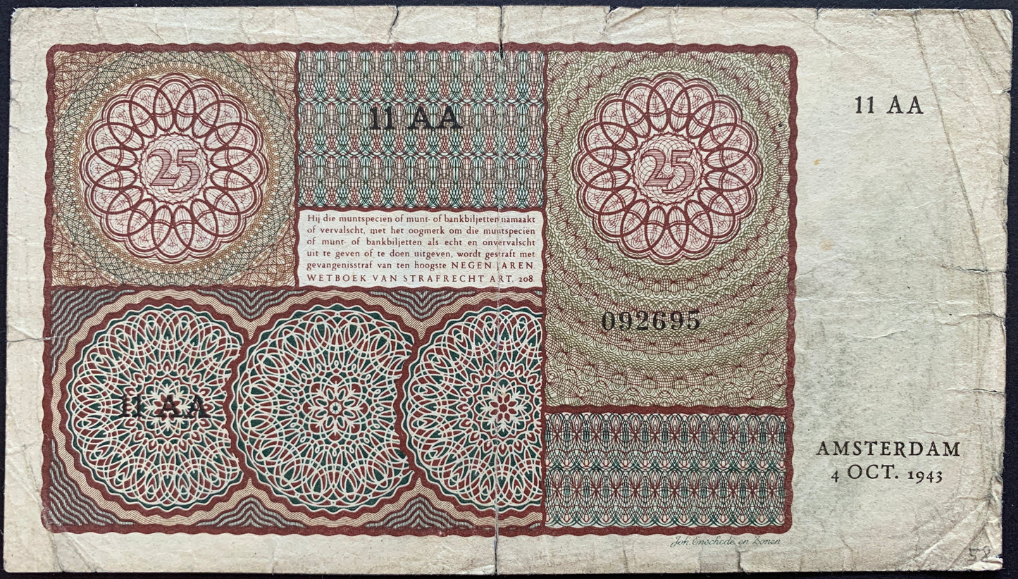 Netherlands 25 Gulden 1943 P-60 F
