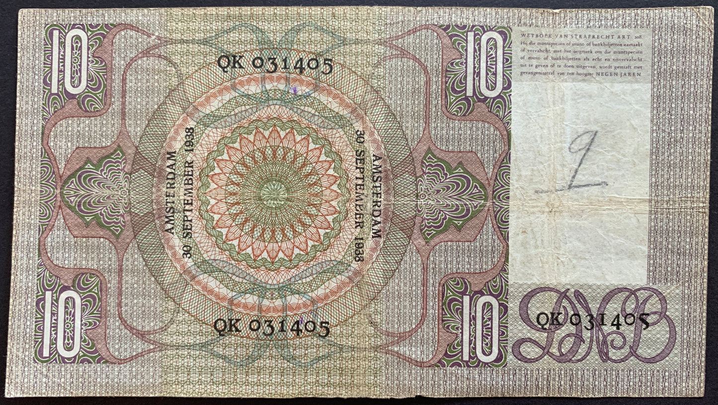 Netherlands 10 Gulden 1938 P-49 VF