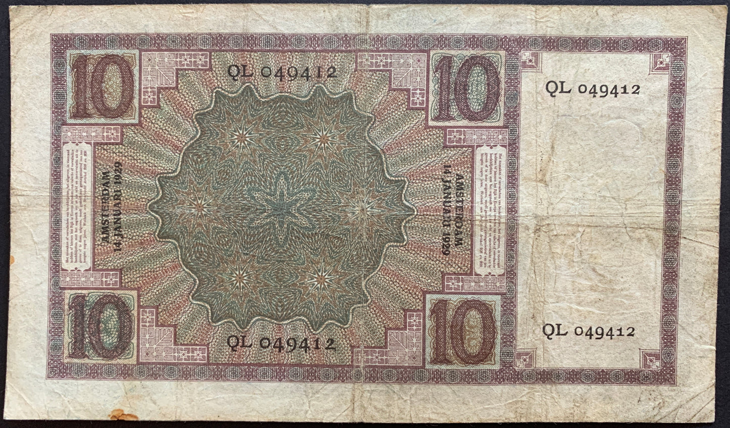 Netherlands 10 Gulden 1929 P-43b VF