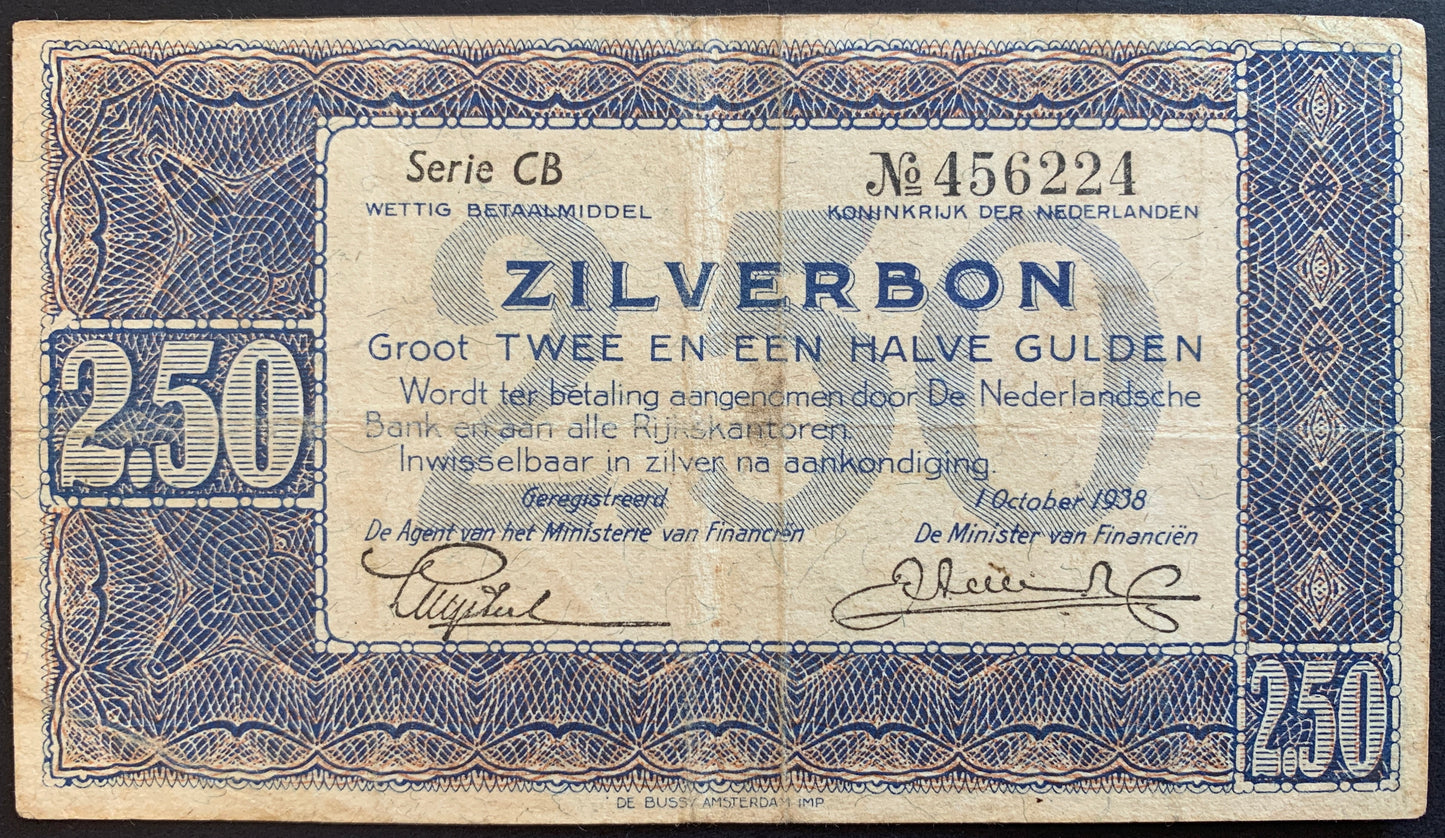 Netherlands 2½ Gulden Silver voucher 1938 P-62 VF