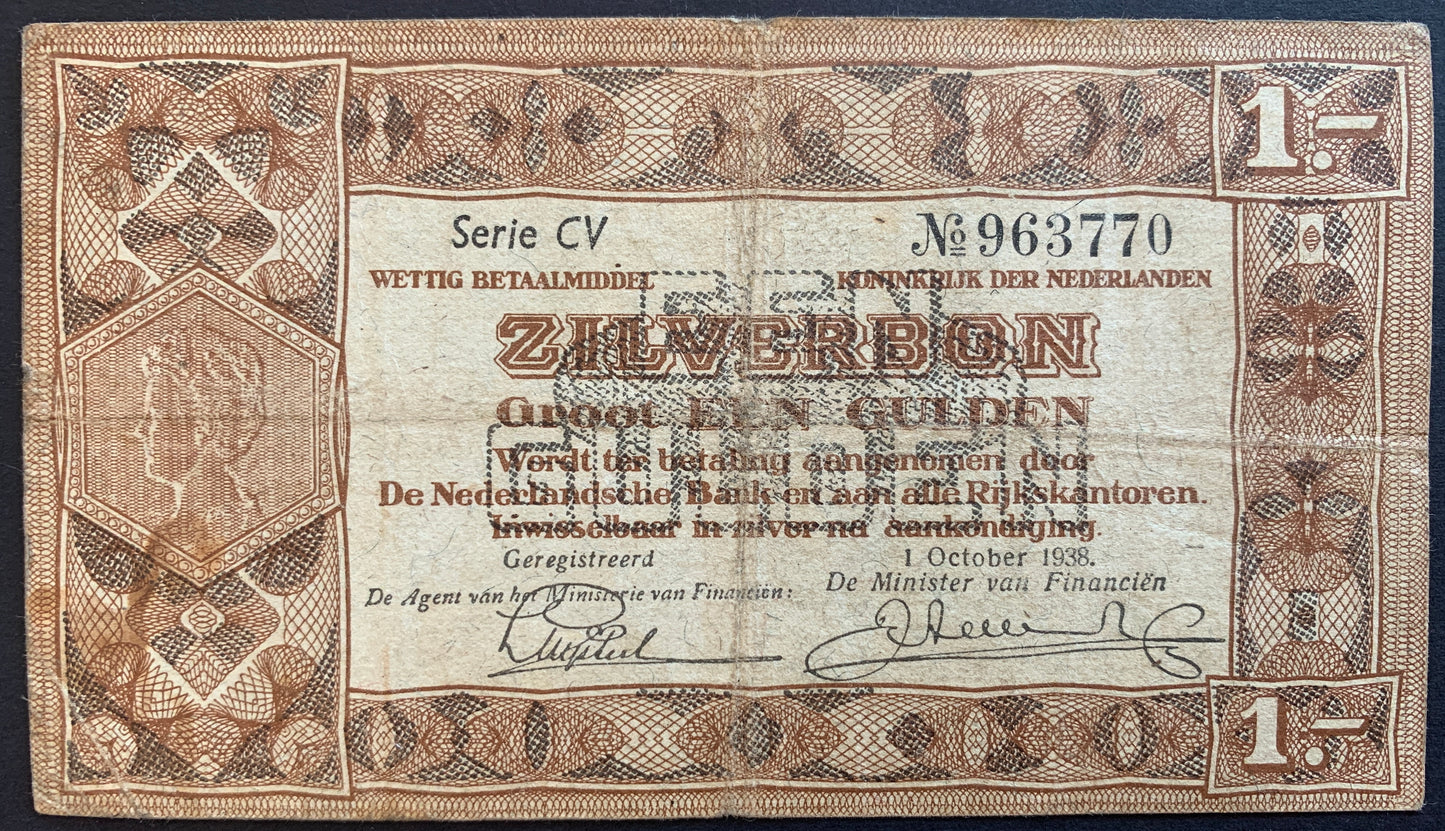 Netherlands 1 Gulden Silver voucher 1938 P-61 VF