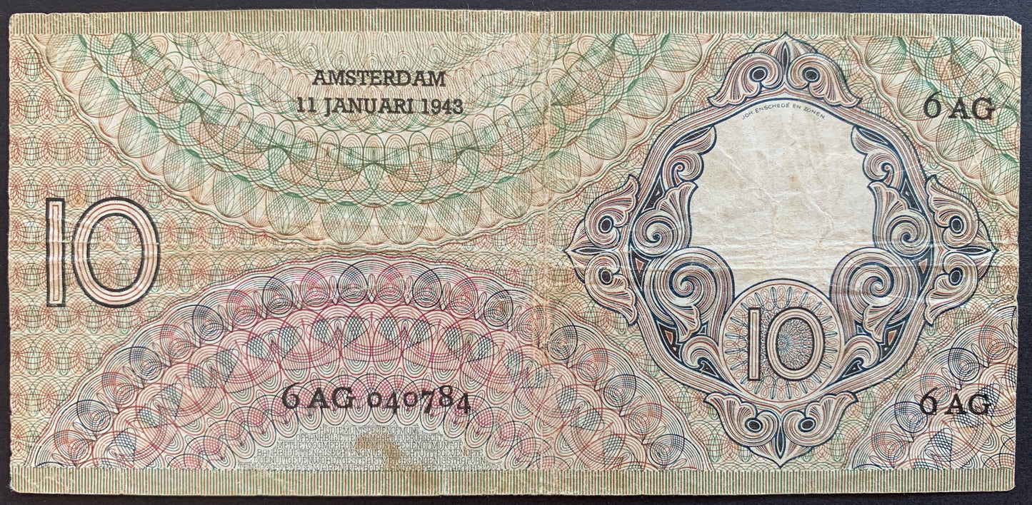 Netherlands 10 Gulden 1943 P-59 F+