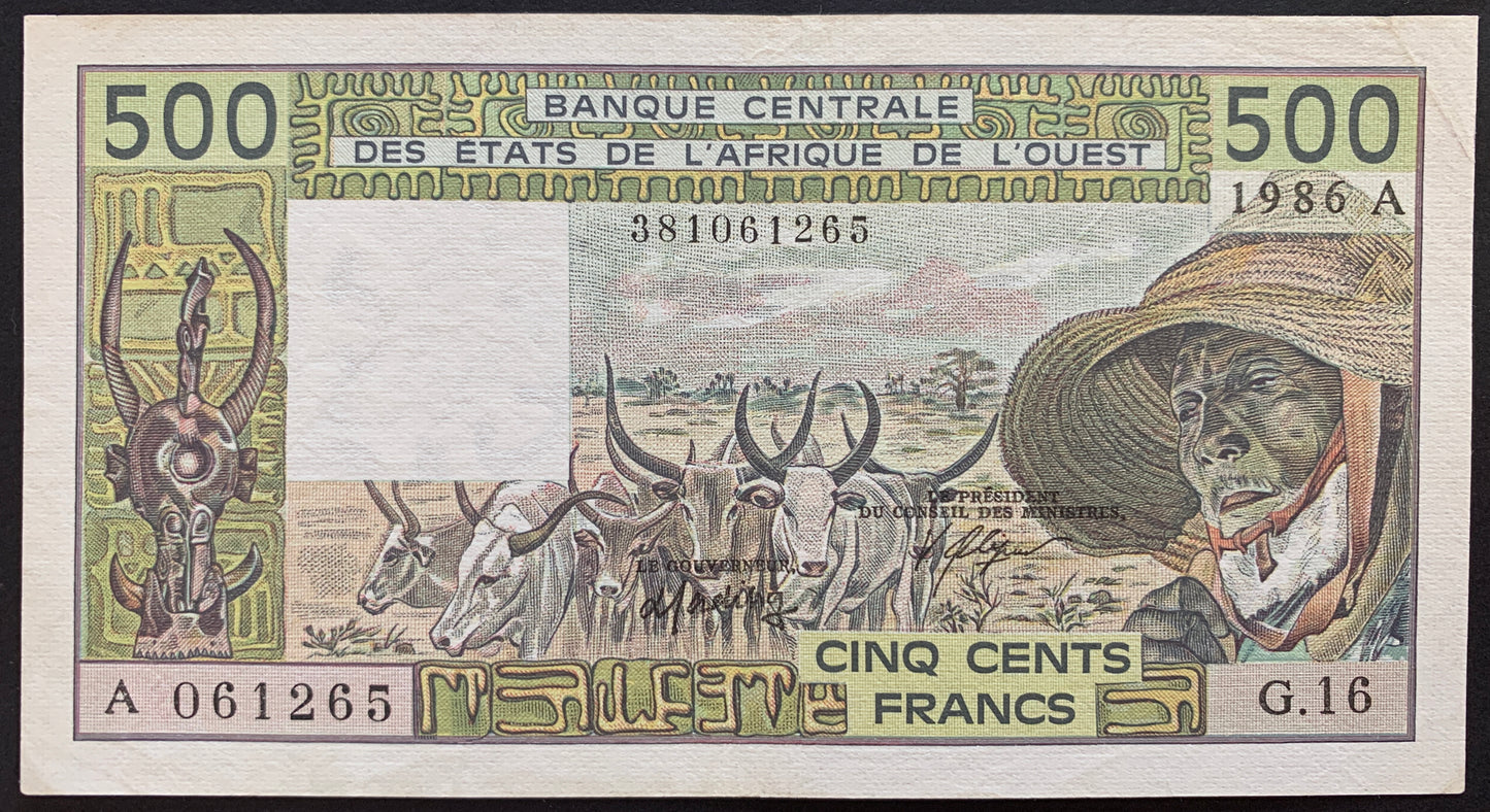 Western African States 500 Francs 1986 P-106Aj (Côte d'Ivoire) UNC