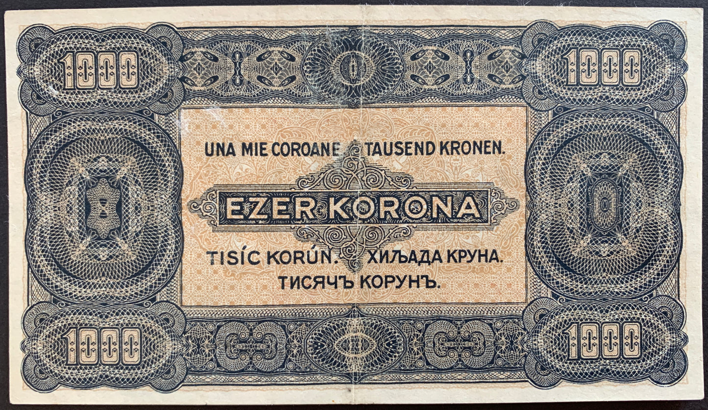 Hungary 8 Fillér ND (1925) P-81 XF (overprint on 1000 Korona)