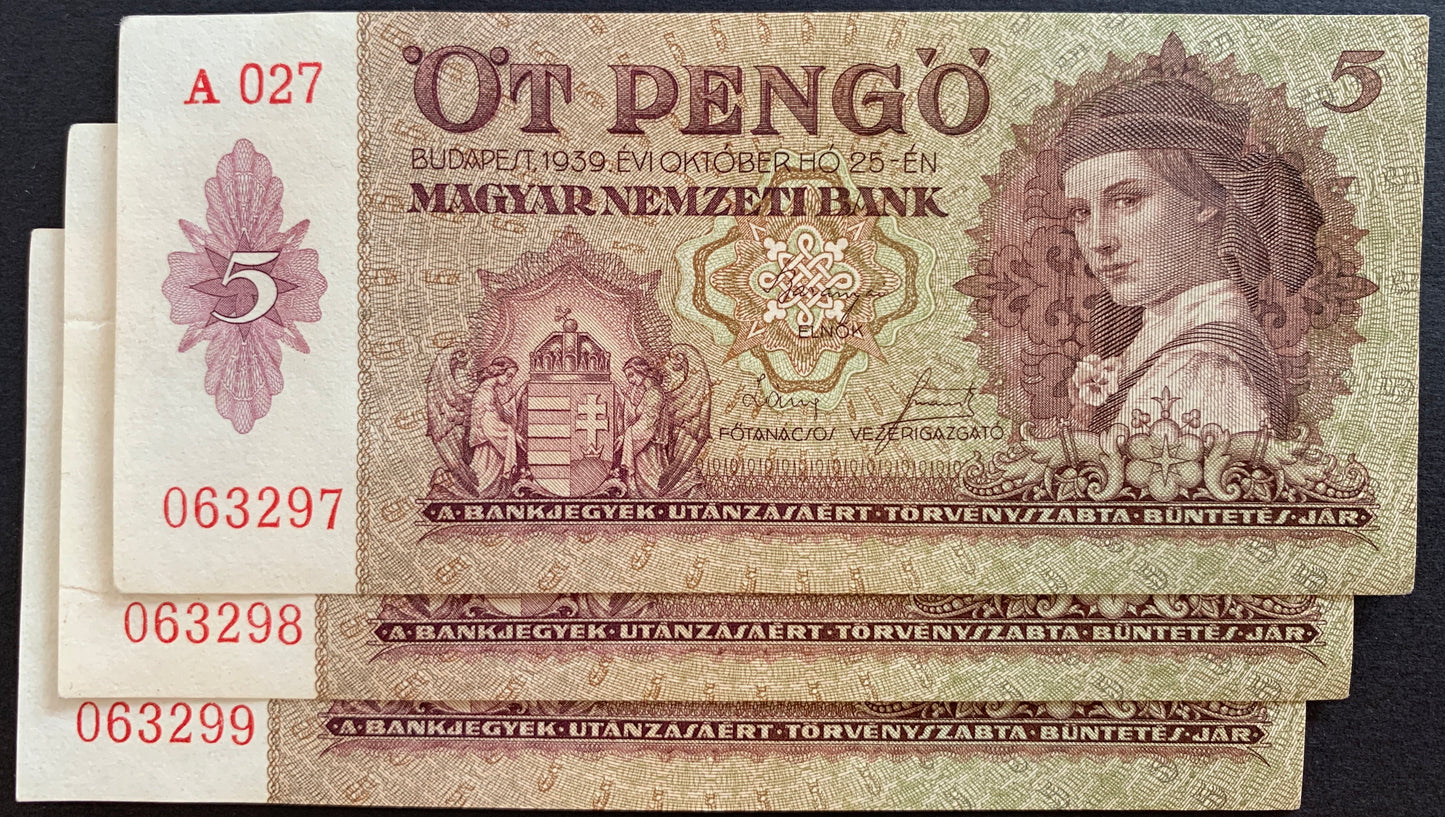 Hungary 5 Pengő 1939 P-106 AUNC CONSECUTIVE