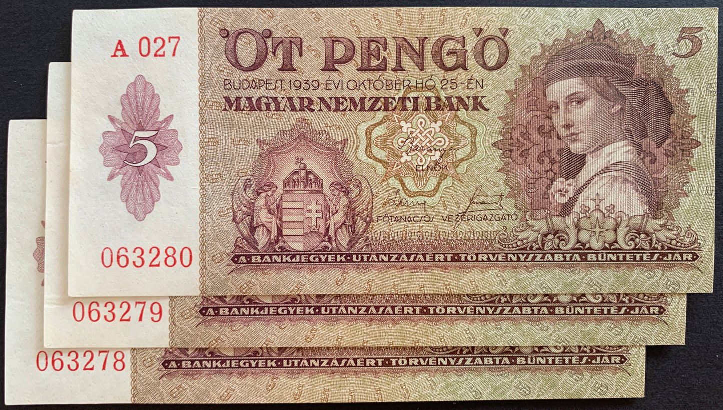 Hungary 5 Pengő 1939 P-106 AUNC CONSECUTIVE