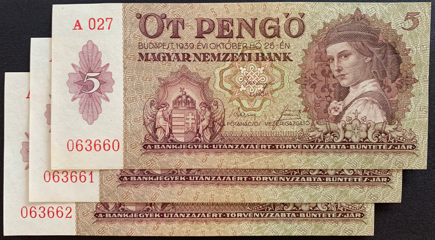 Hungary 5 Pengő 1939 P-106 AUNC CONSECUTIVE