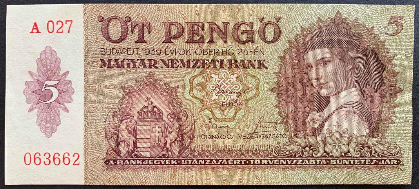 Hungary 5 Pengő 1939 P-106 AUNC CONSECUTIVE