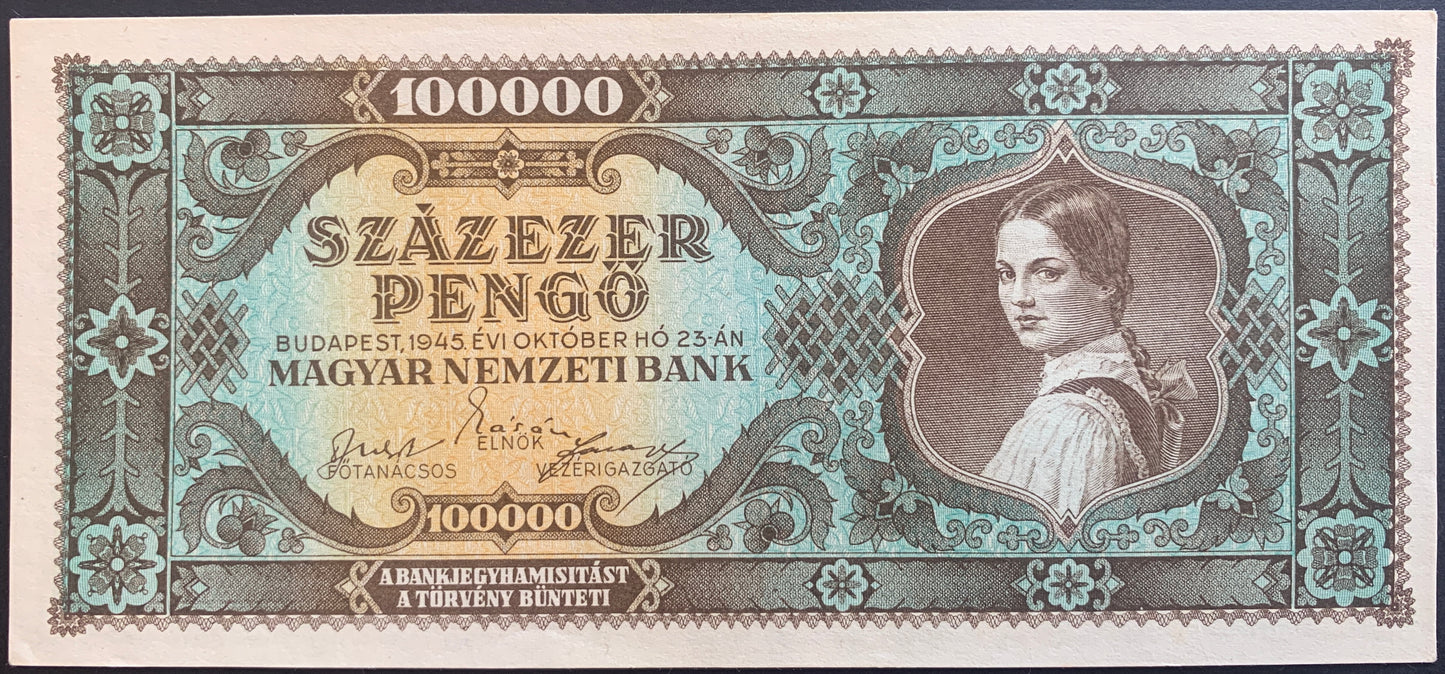 Hungary 100 000 Pengő 1945 P-121a AUNC+ CONSECUTIVE